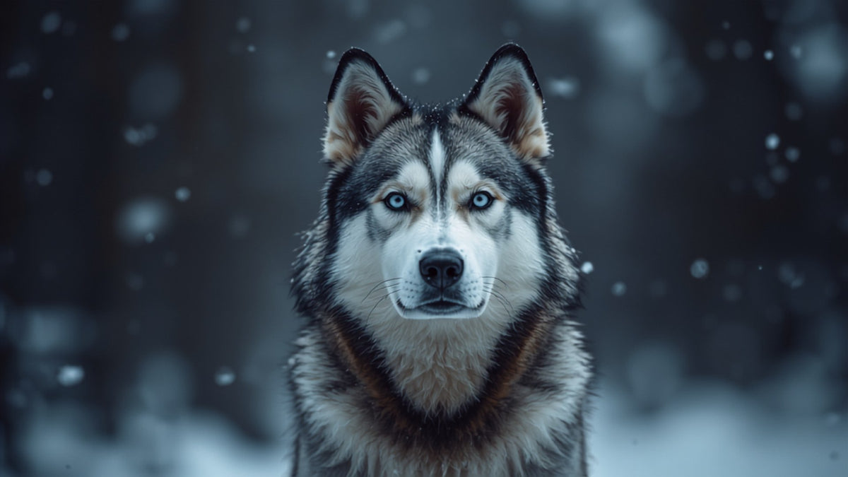 Siberian Husky in the snow at the edge of a forest