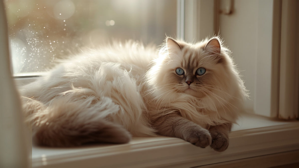 Ragdoll cat with blue eyes relaxing on a sunny windowsill