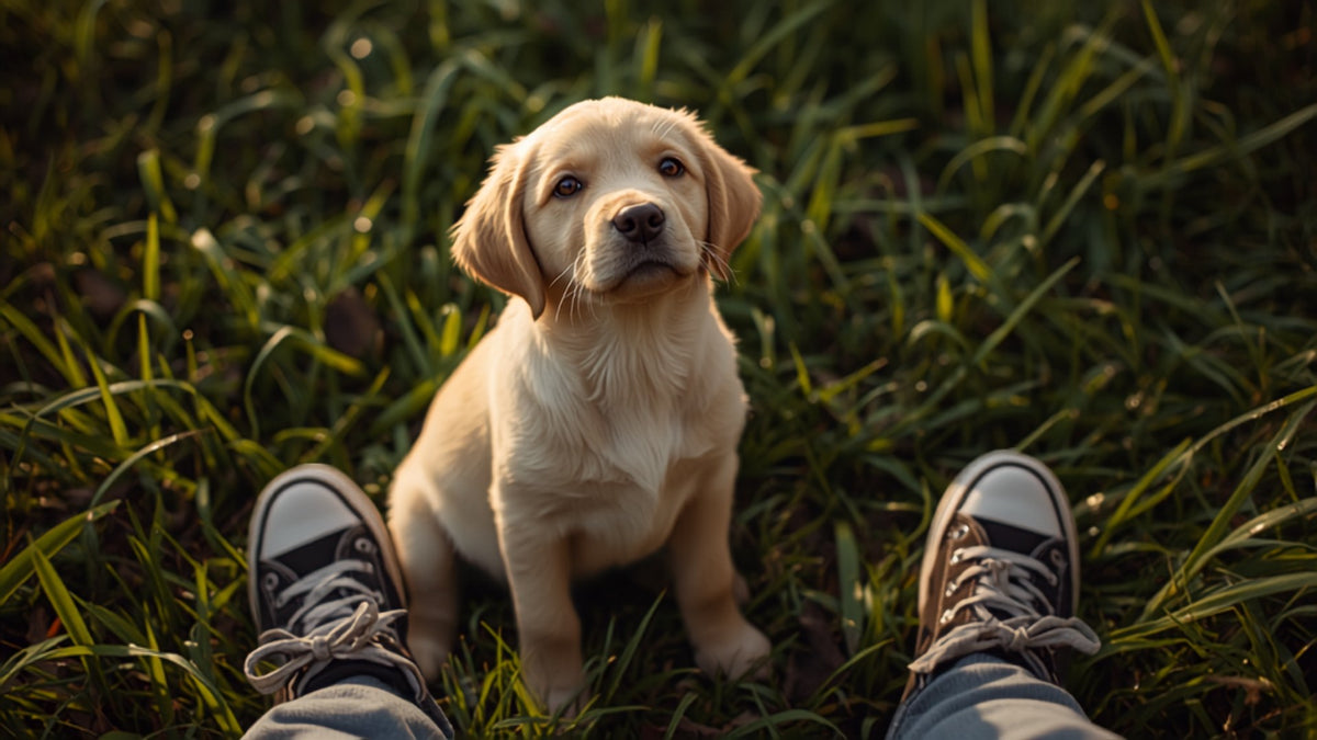 Puppy in the garden next to its owner's feet