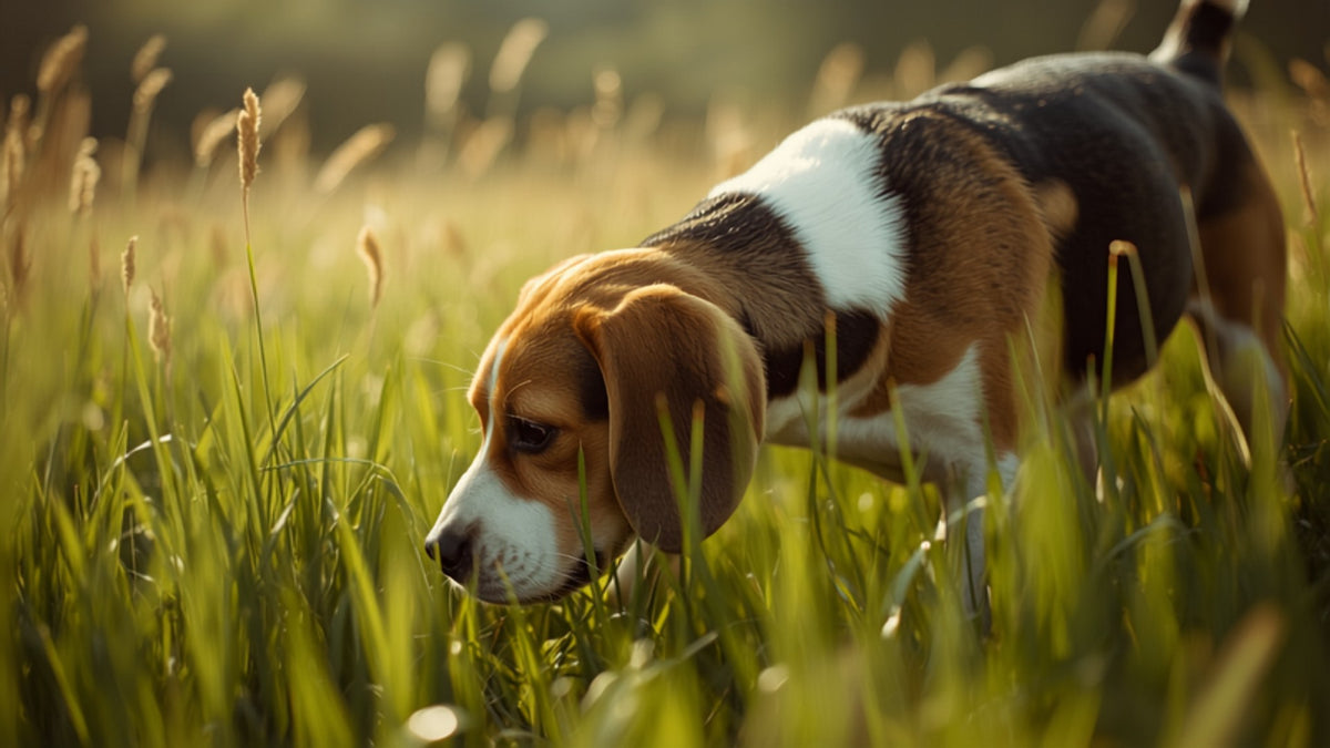 Beagle sniffing in tall grass