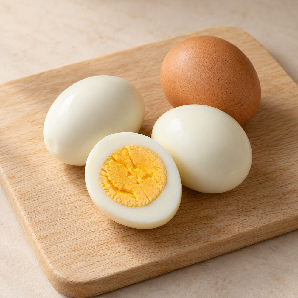 Eier auf einem hellen Holzbrett