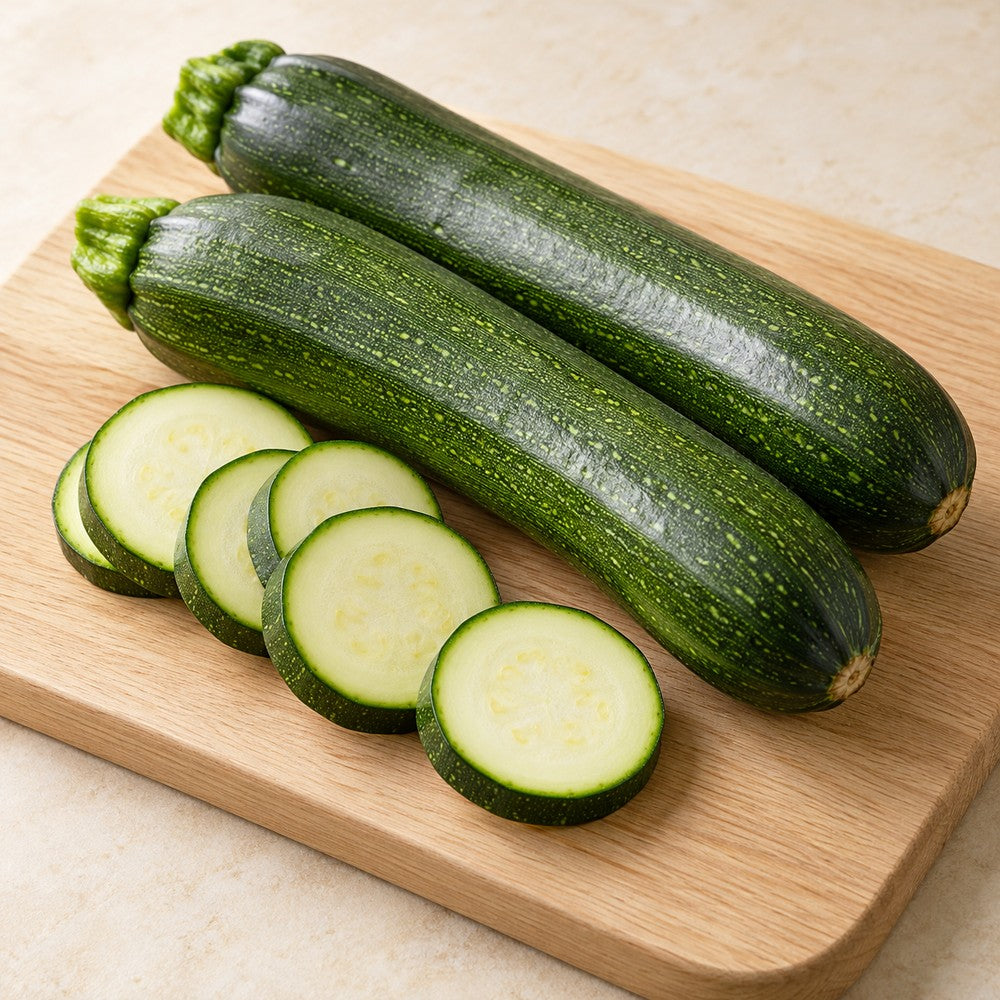 Zucchini auf einem hellen Holzbrett