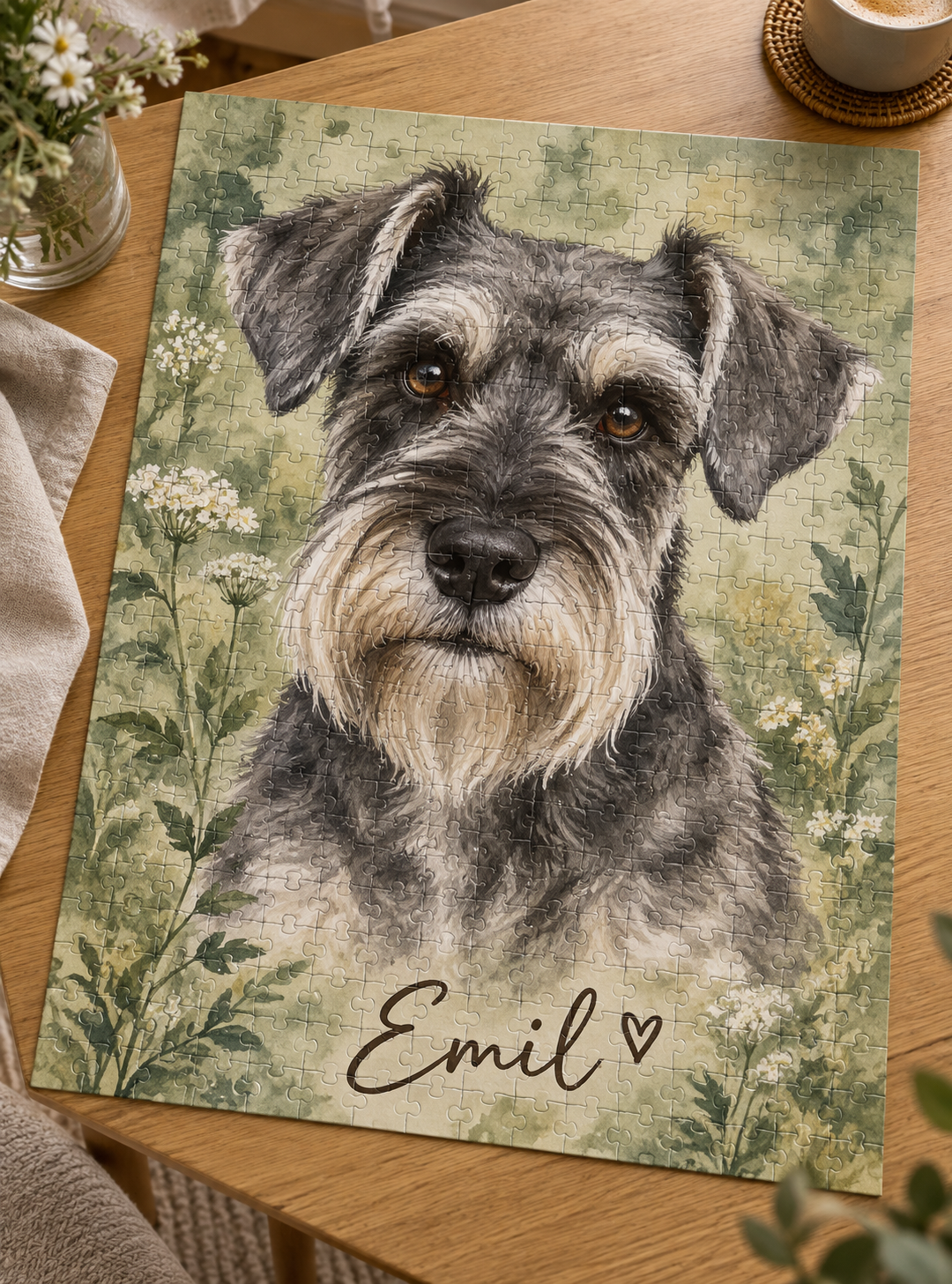 Mittelschnauzer in Pfeffersalz im Aquarell-Stil auf einem Puzzle vor grünem Blätterhintergrund