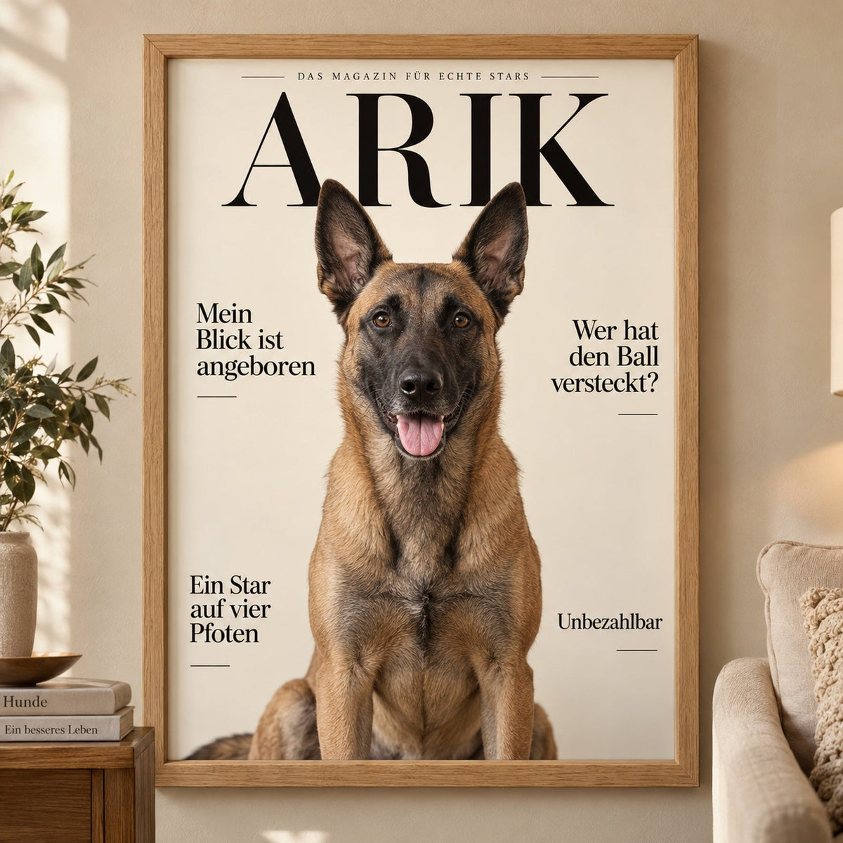 Malinois auf einem Magazin-Cover im Holzrahmen