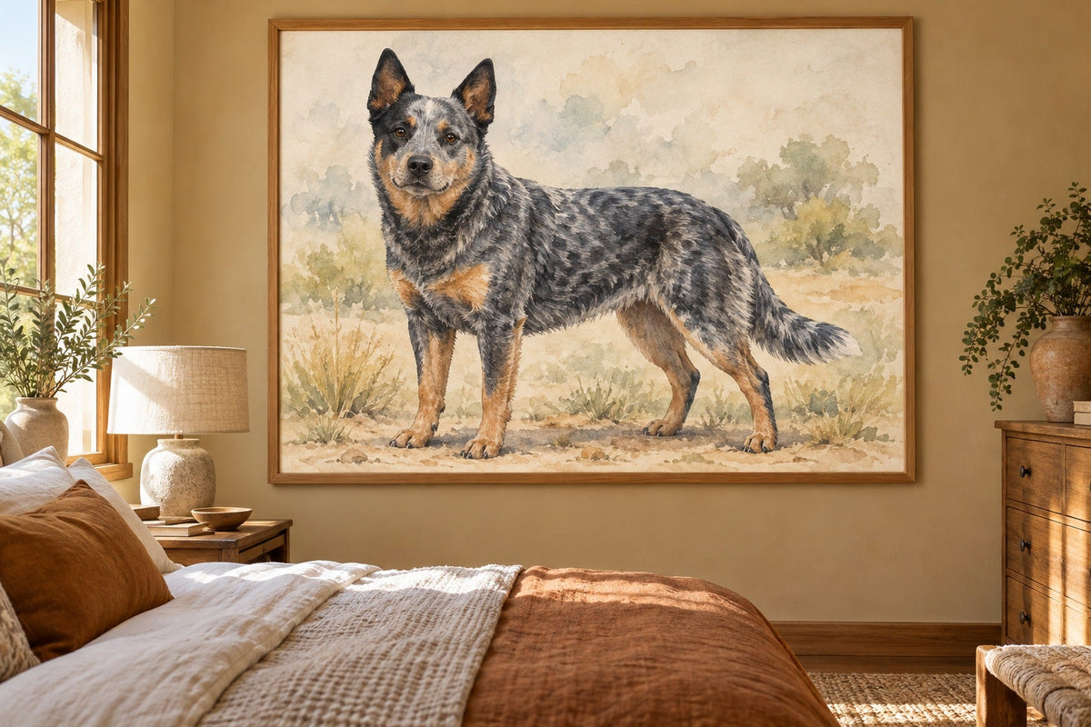 Australian Cattle Dog als Wandbild im Stil Aquarell, Raum: ockerfarbenes Schlafzimmer