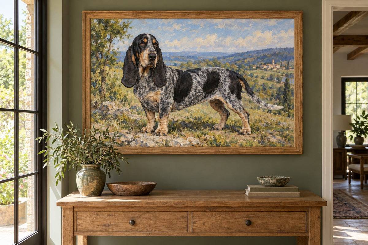 Basset Bleu de Gascogne als Wandbild im Stil Ölgemälde, Raum: grüner Flur