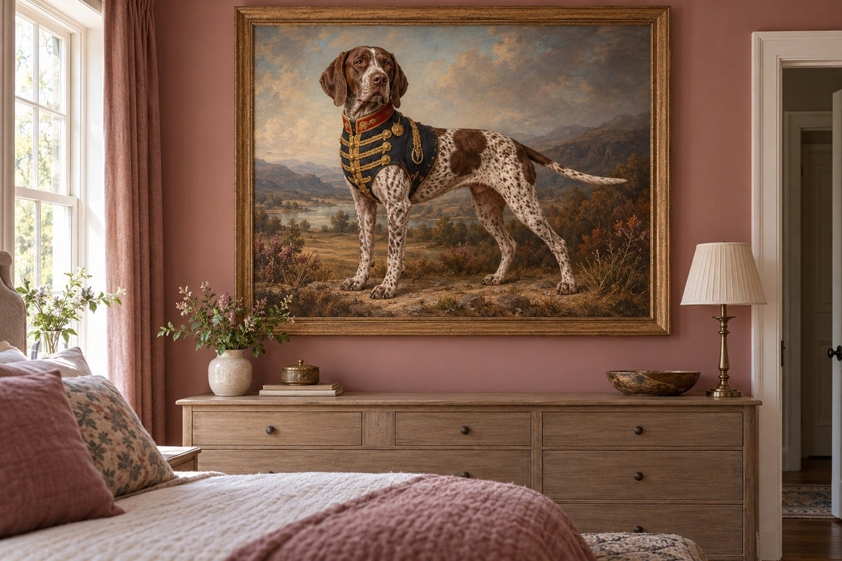 Braque Français Typ Gascogne als Wandbild im Stil Royal mit kurzer Uniform, Raum: altrosafarbenes Schlafzimmer