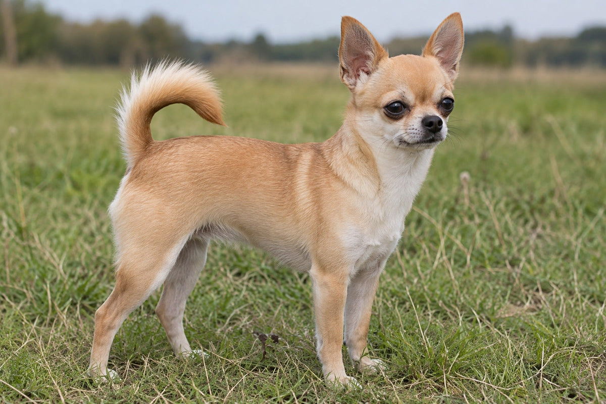 Chihuahua, falbfarbenes Kurzhaar, auf einer Wiese
