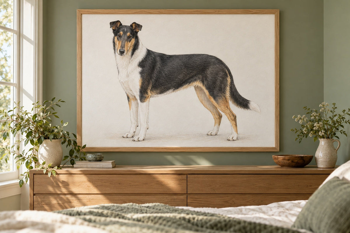Collie Kurzhaar als Wandbild im Stil Minimal, feine Farbzeichnung, Raum: salbeifarbenes Schlafzimmer
