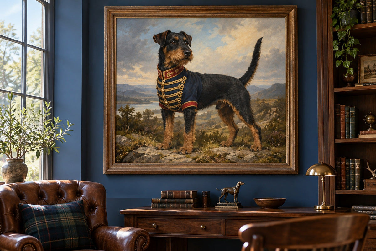 Deutscher Jagdterrier als Wandbild im Stil Royal mit kurzer Uniform, Raum: blaues Arbeitszimmer
