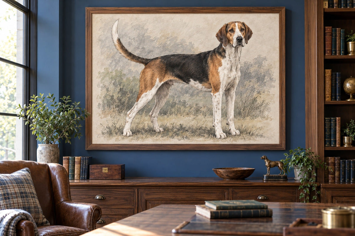 English Foxhound als Wandbild im Stil Kohle-Sketch, Raum: blaues Arbeitszimmer