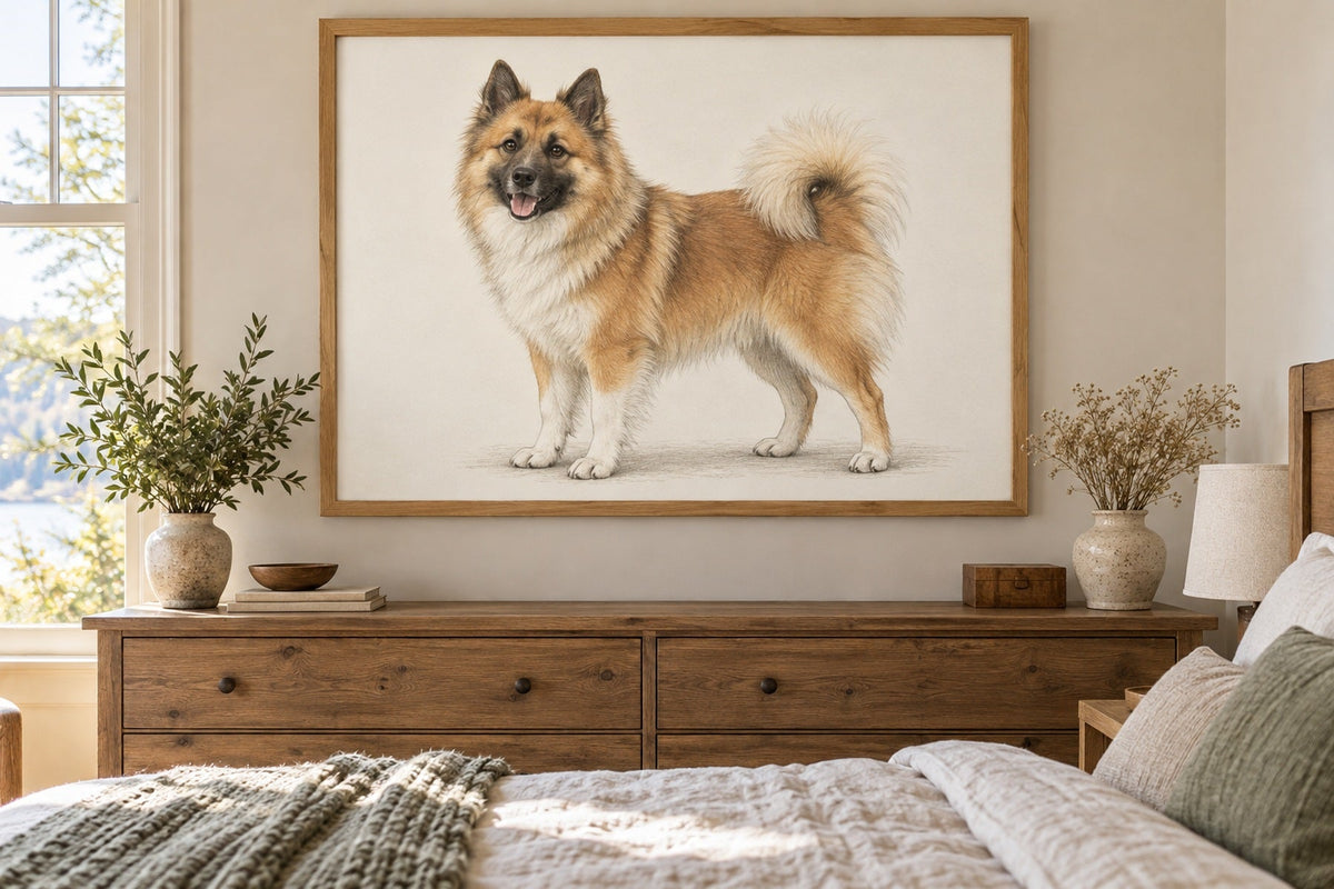 Islandhund als Wandbild im Stil Minimal, feine Farbzeichnung, Raum: sandfarbenes Schlafzimmer