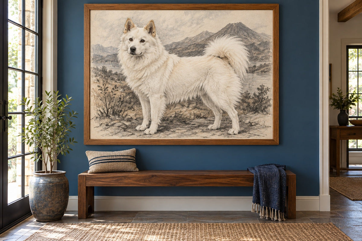 Kintamani-Bali-Hund als Wandbild im Stil Kohle-Sketch, Raum: blauer Flur