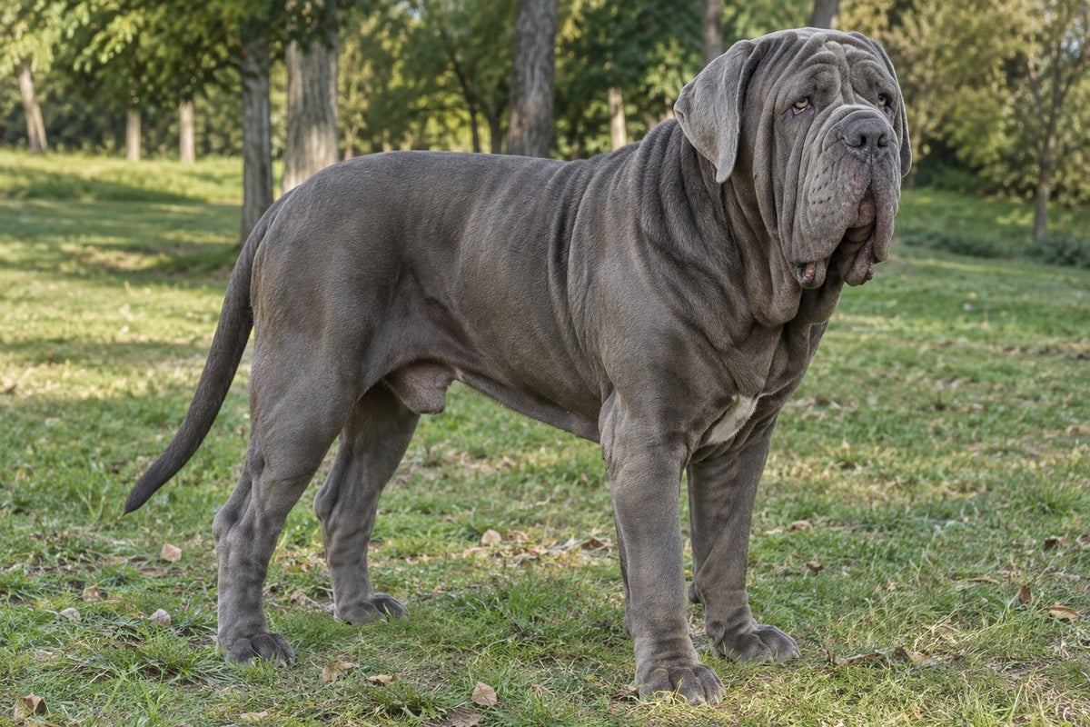 Mastino Napoletano, groß, schwer und grau, auf einer Wiese