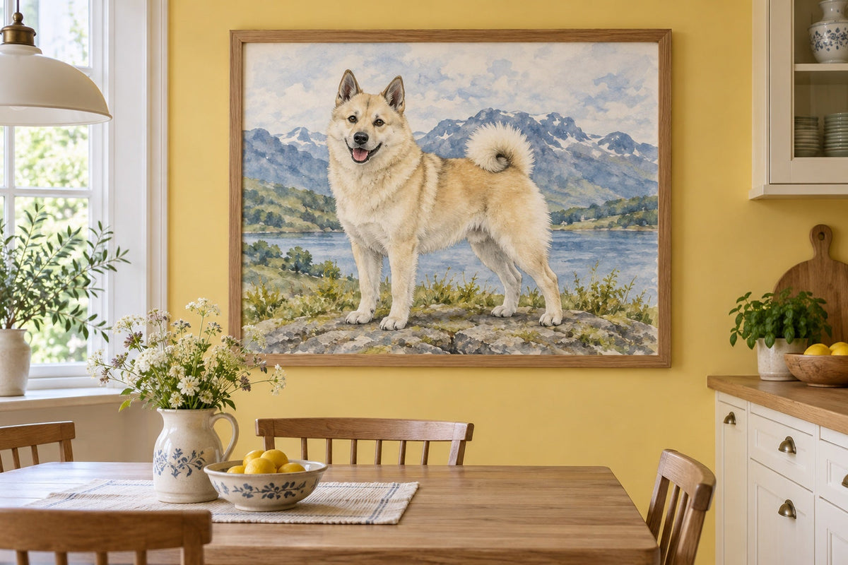 Norwegischer Buhund als Wandbild im Stil Aquarell, Raum: gelbe Wohnküche