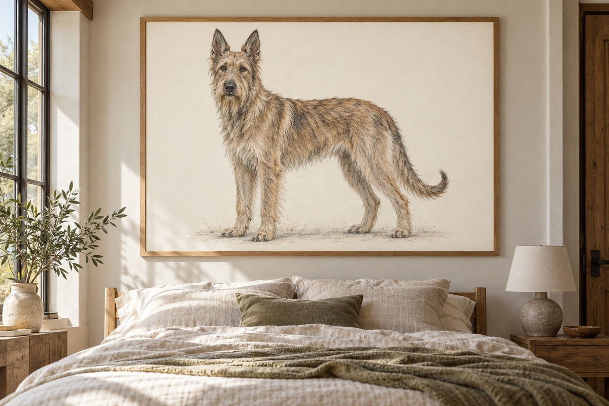 Picardie-Schäferhund als Wandbild im Stil Minimal, feine Farbzeichnung, Raum: sandfarbenes Schlafzimmer