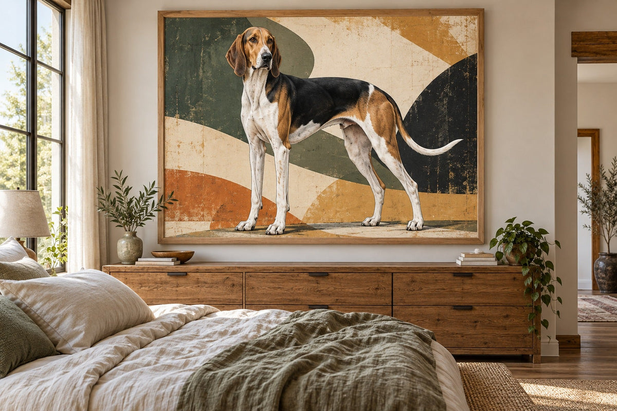 Poitevin als Wandbild im Stil Pop-Art, Raum: sandfarbenes Schlafzimmer