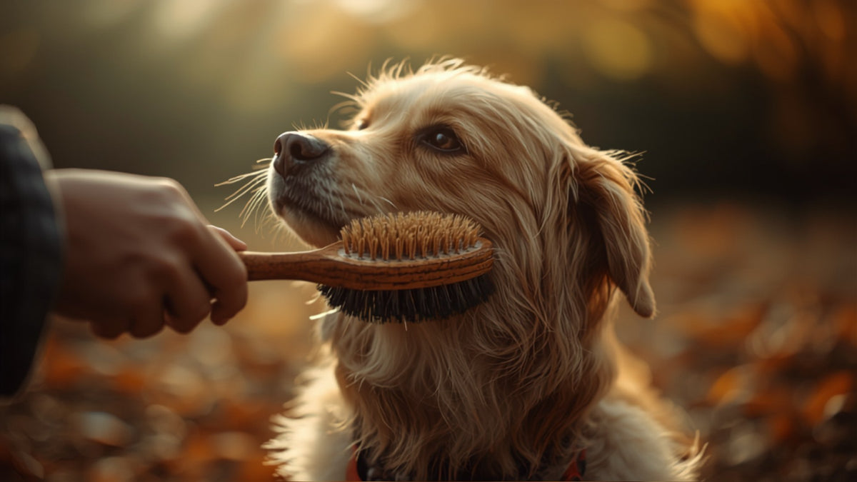 Dog being brushed in autumn with falling leaves in the background