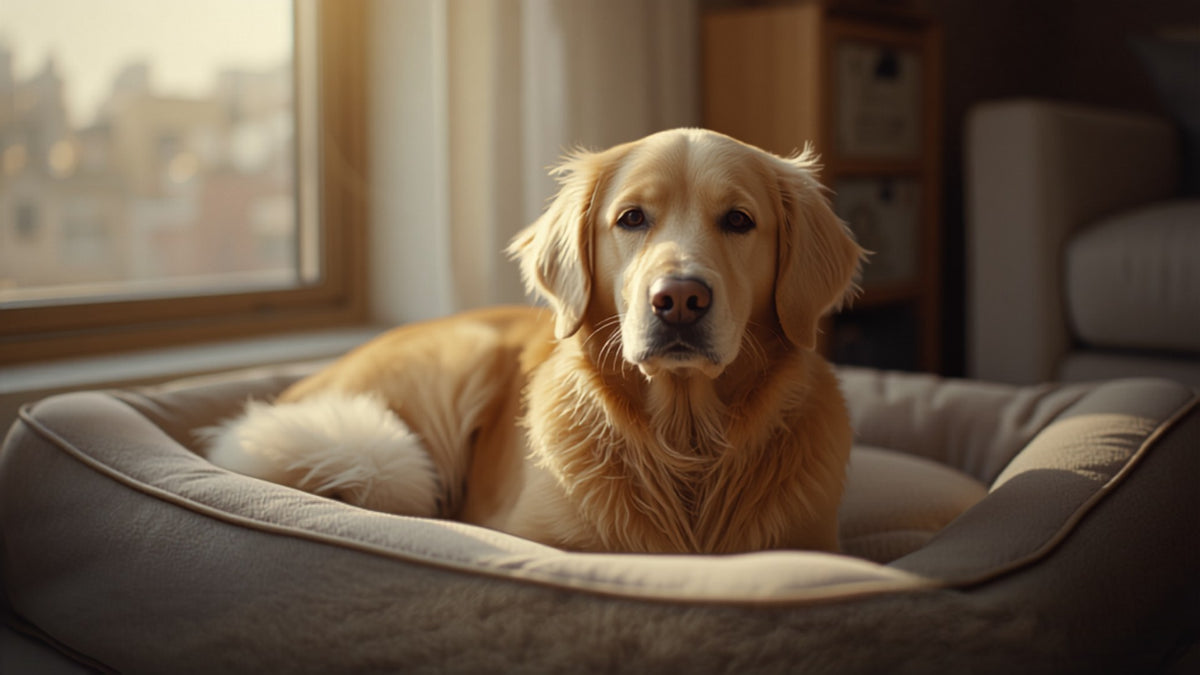 Old Golden Retriever in a dog bed by the window