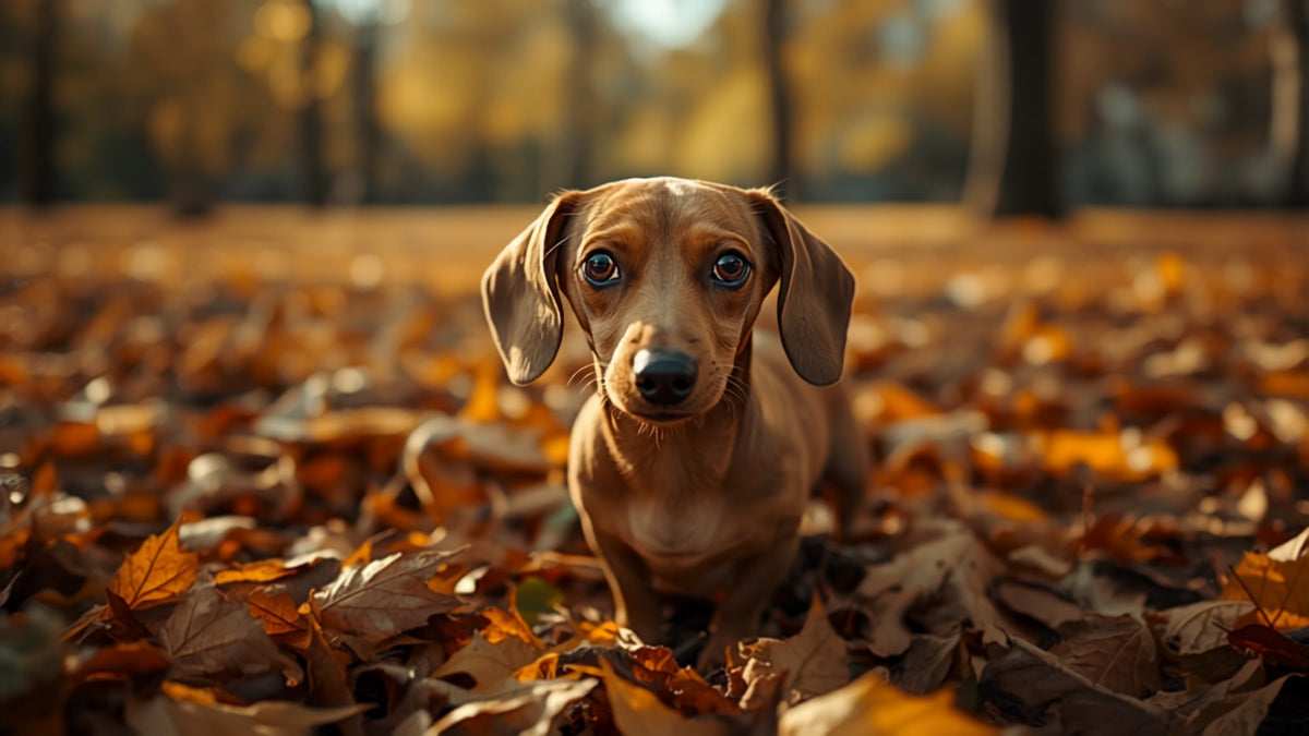 Dackel im Herbstlaub