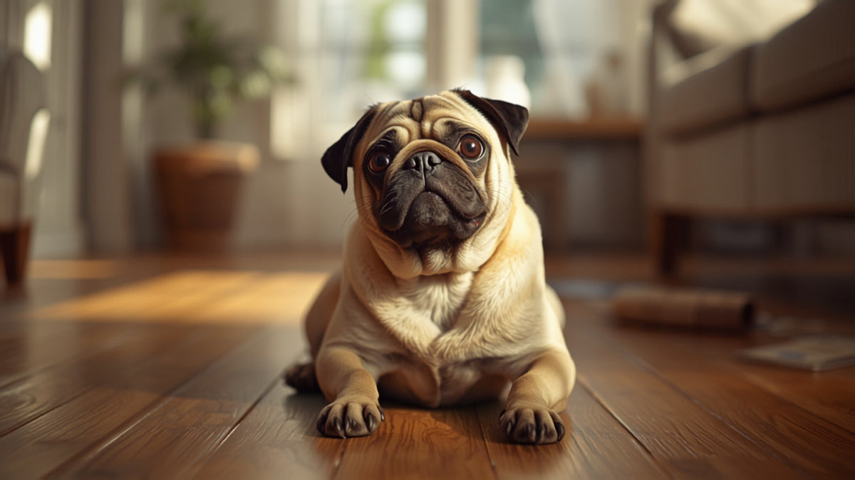 Mops auf Holzboden im Wohnzimmer