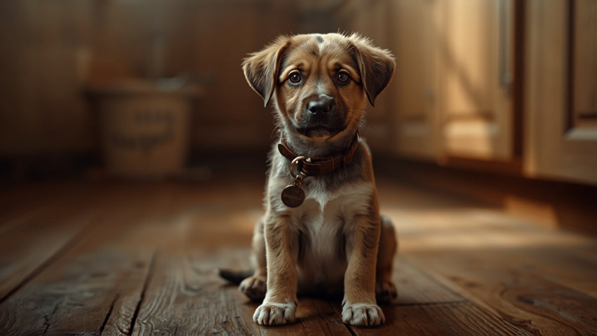 Puppy with a collar and name tag tilting its head