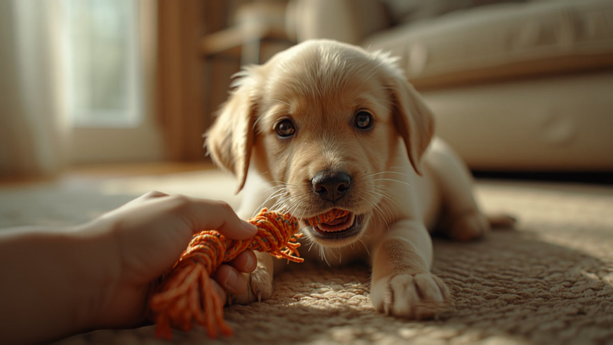 Puppy playing with a rope held by its owner