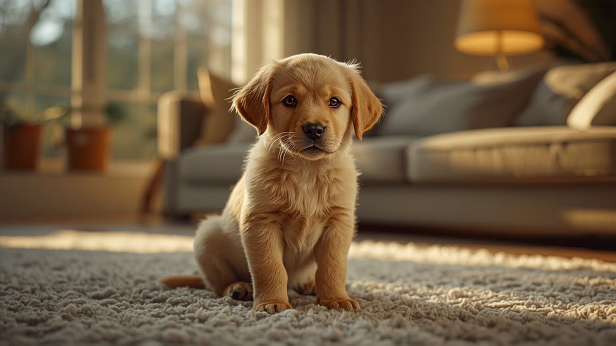 Puppy sitting attentively in front of its owner during a training session in the living room