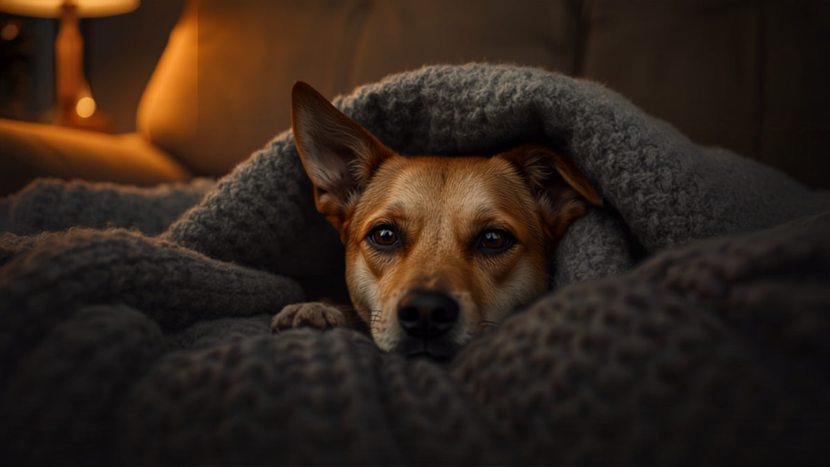 Dog hiding under a blanket on New Year's Eve