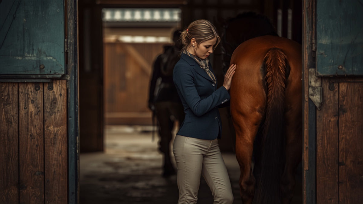 Rider checking a horse's leg at the stable