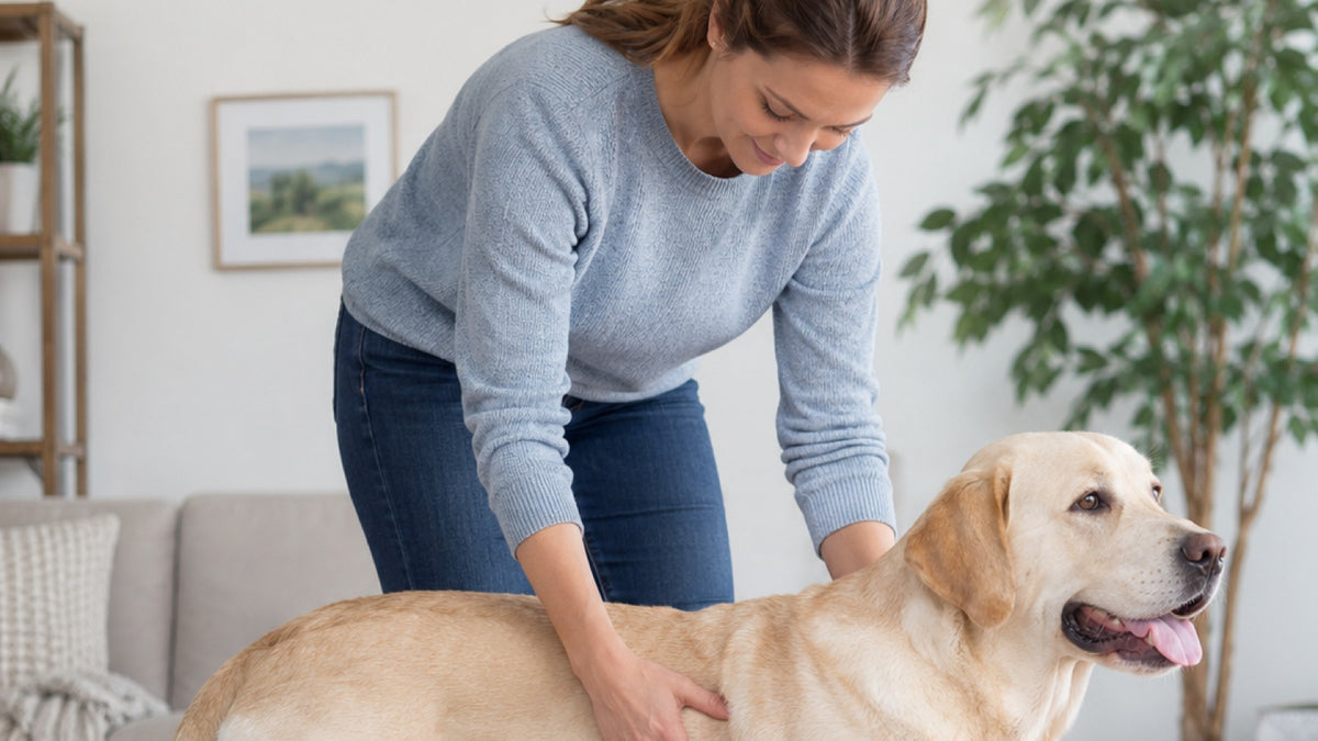 Frau tastet die Rippen eines hellen Labradors im Wohnzimmer ab, um seine Figur zu prüfen