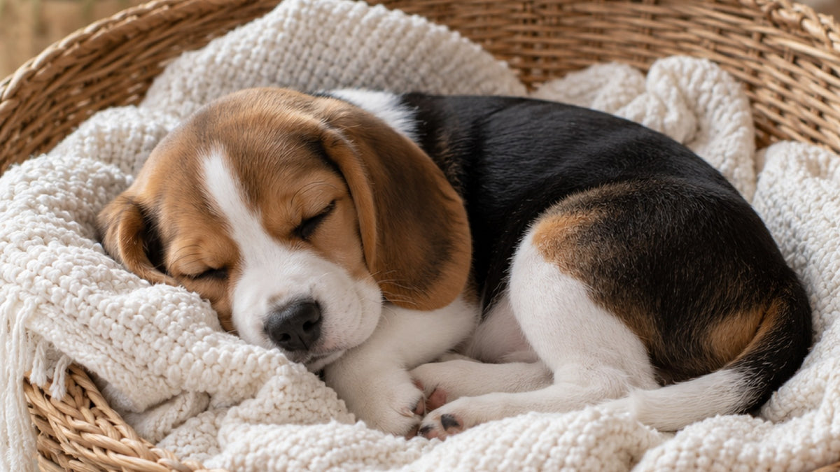 Beagle-Welpe schläft eingerollt auf einer weißen Strickdecke im Weidenkörbchen