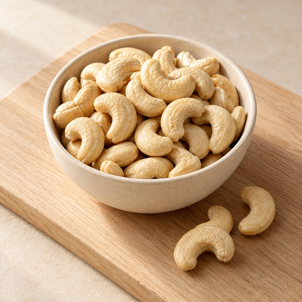 Cashews auf einem hellen Holzbrett