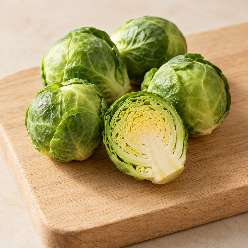 Rosenkohl auf einem hellen Holzbrett