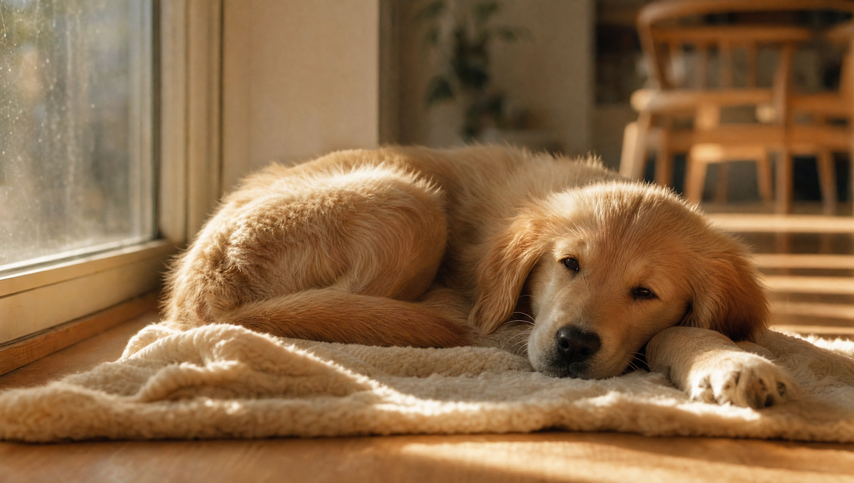 Golden Retriever puppy sleeping on a woollen blanket in the evening light