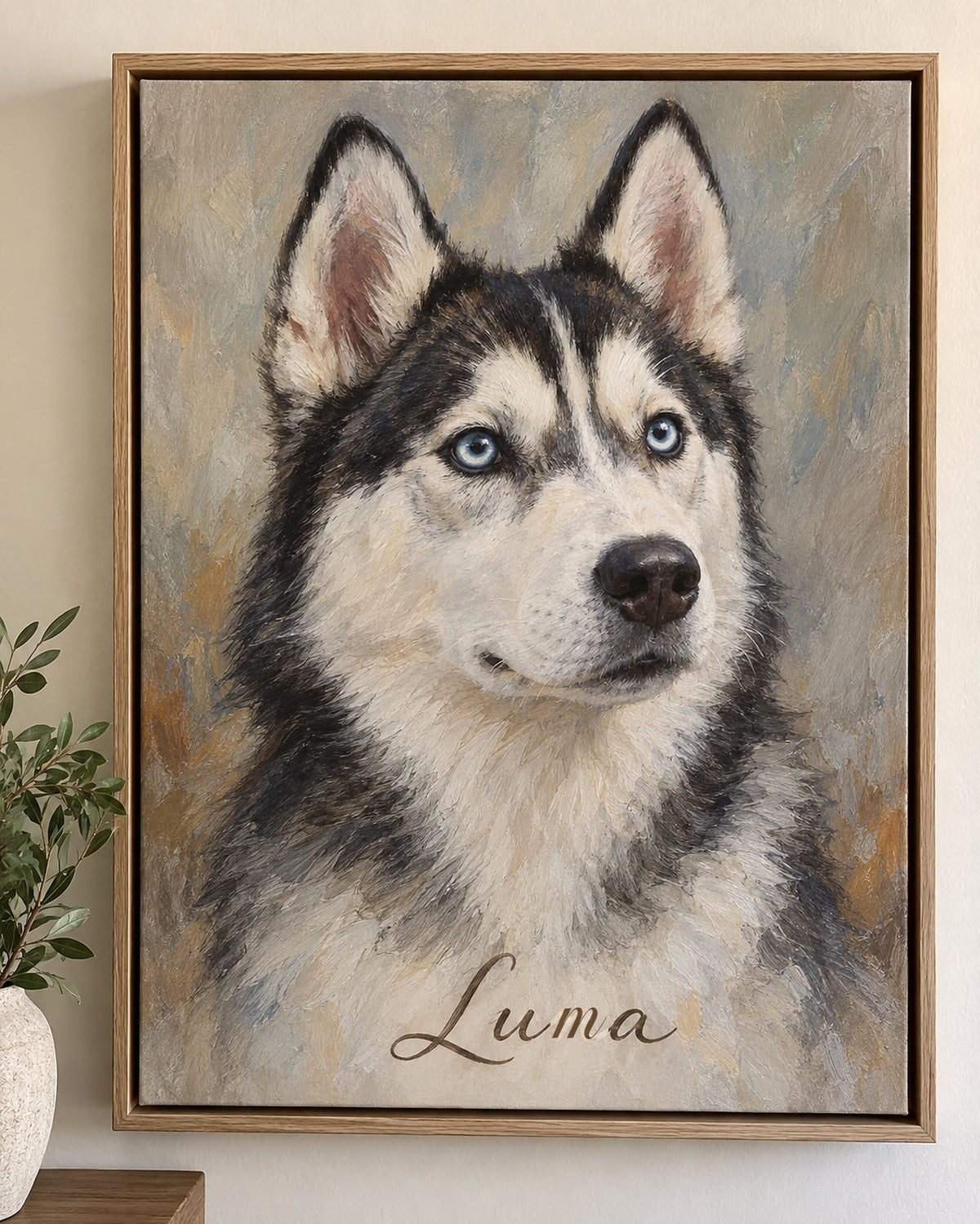 Siberian Husky als Hundeportrait auf Leinwand mit Rahmen