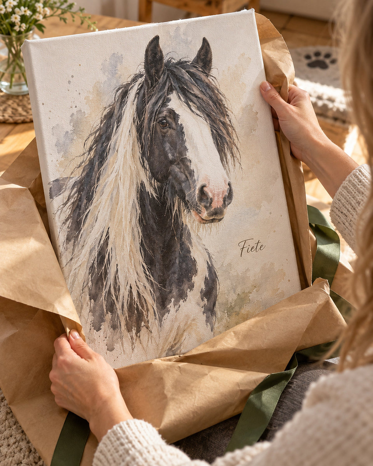 Paardenportret op canvas wordt uitgepakt als cadeau