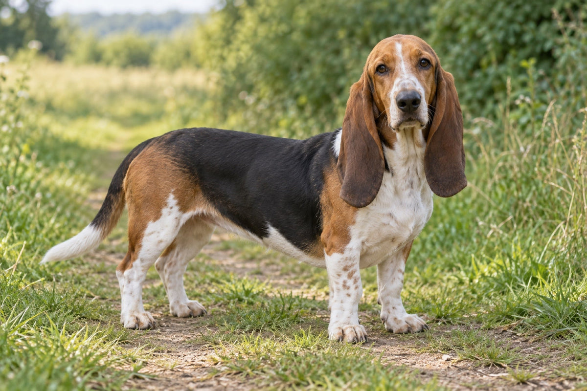 Basset Artésien Normand, dreifarbig mit sehr langen Ohren, auf einem Wiesenweg