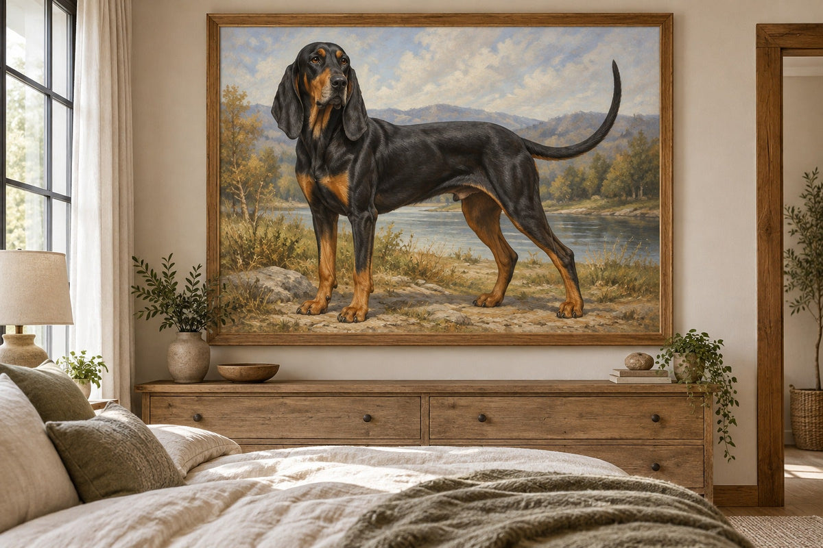 Black and Tan Coonhound als Wandbild im Stil Ölgemälde, Raum: sandfarbenes Schlafzimmer