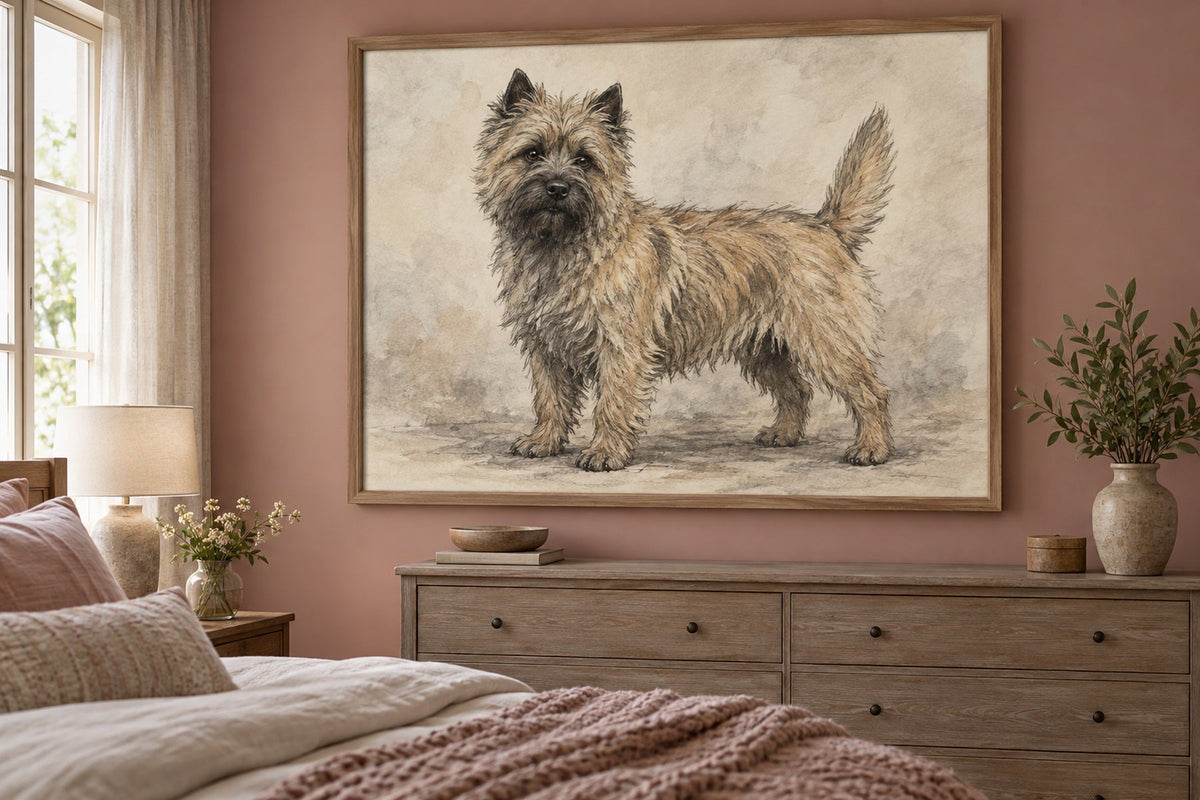 Cairn Terrier als Wandbild im Stil Kohle-Sketch, Raum: altrosafarbenes Schlafzimmer
