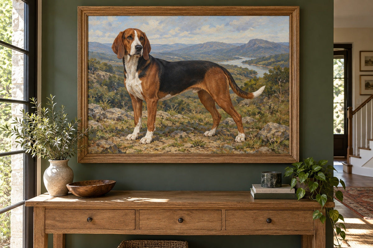 Dreifarbiger Serbischer Laufhund als Wandbild im Stil Ölgemälde, Raum: grüner Flur
