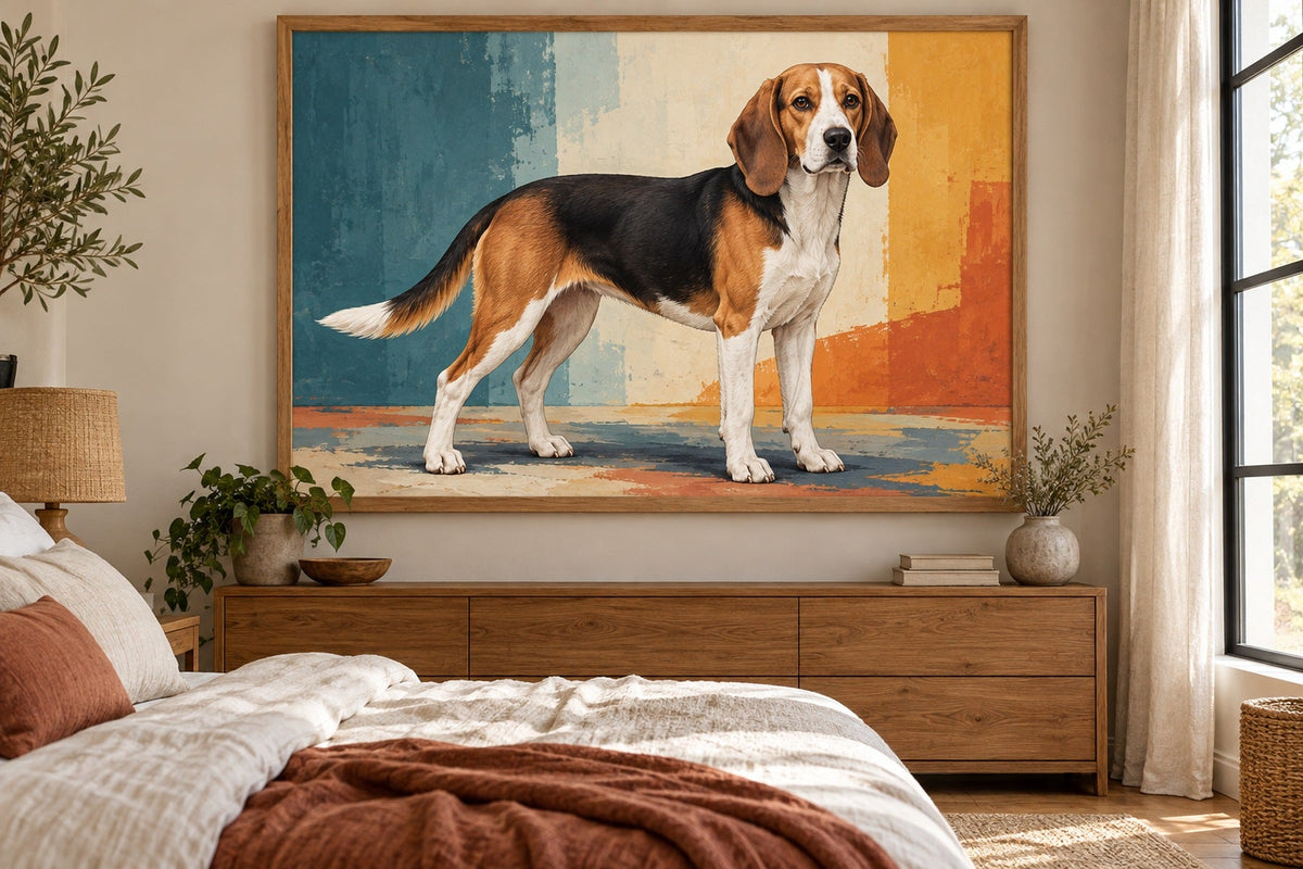 Estnische Bracke als Wandbild im Stil Pop-Art, Raum: sandfarbenes Schlafzimmer