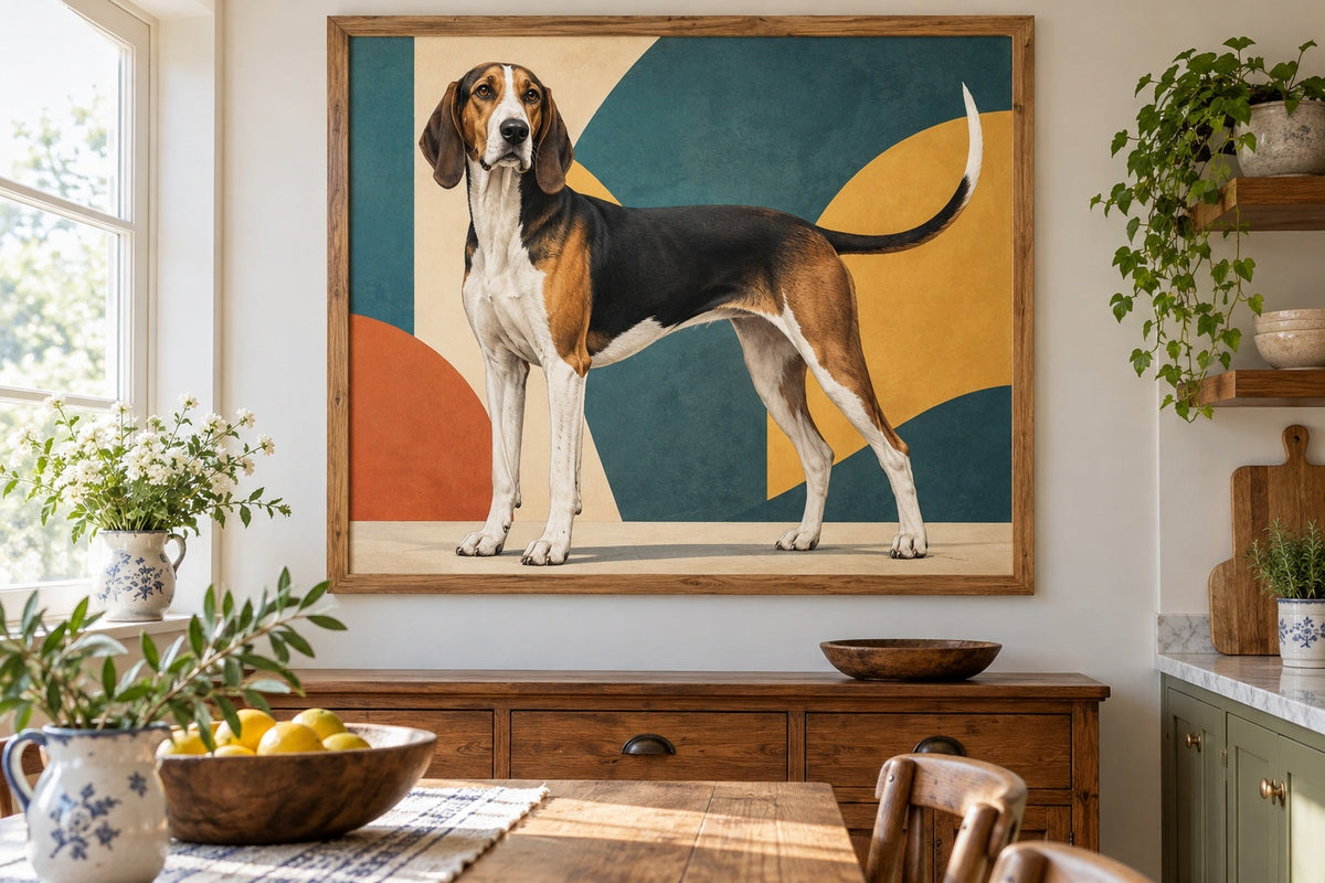 Français Tricolore (Französischer dreifarbiger Laufhund) als Wandbild im Stil Pop-Art, Raum: helle Landhausküche