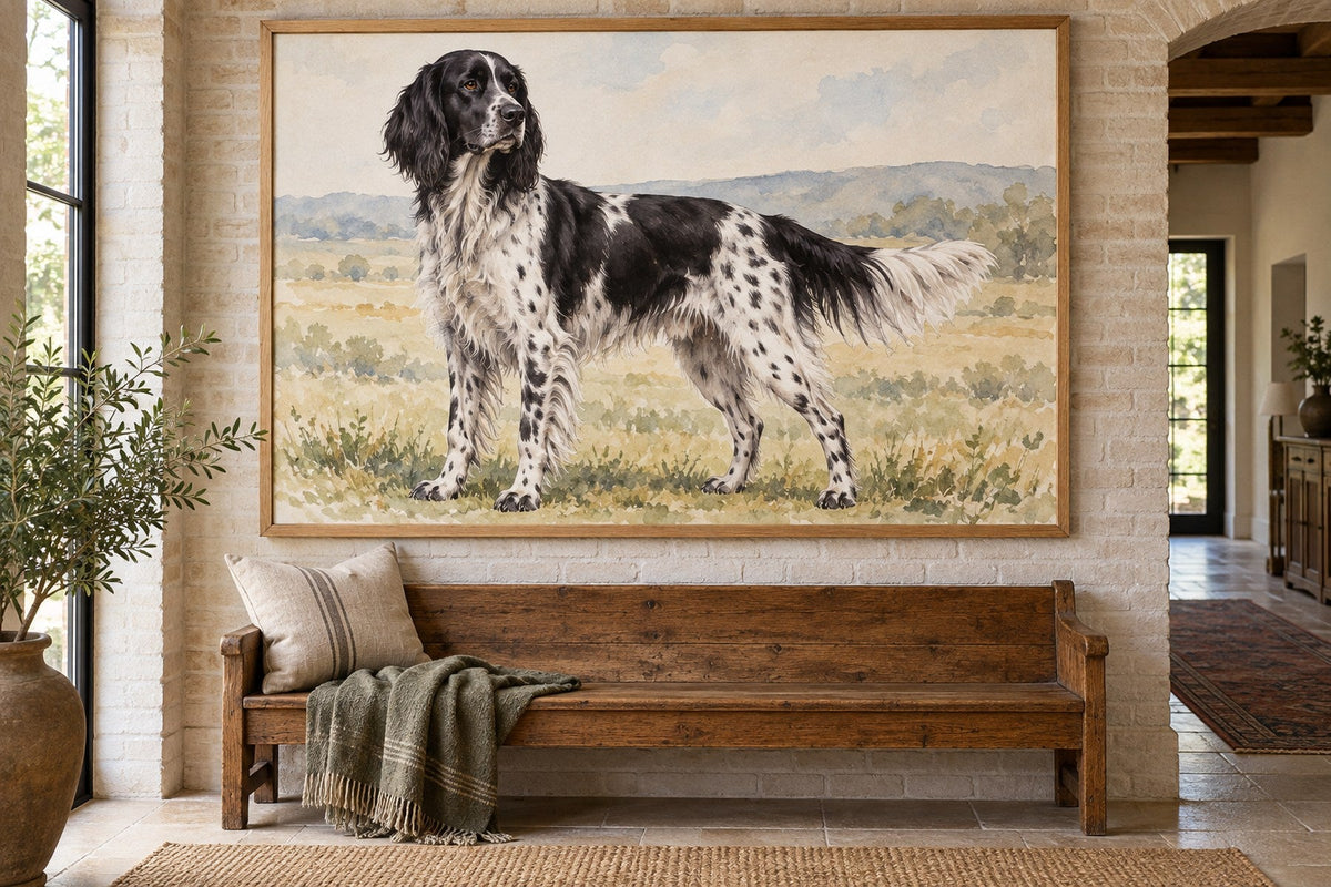 Großer Münsterländer als Wandbild im Stil Aquarell, Raum: heller Backsteinflur