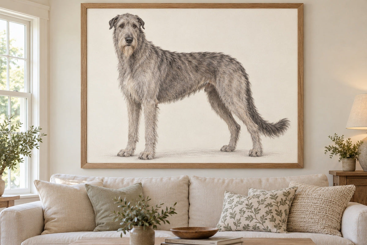 Irish Wolfhound als Wandbild im Stil Minimal, feine Farbzeichnung, Raum: cremefarbenes Wohnzimmer