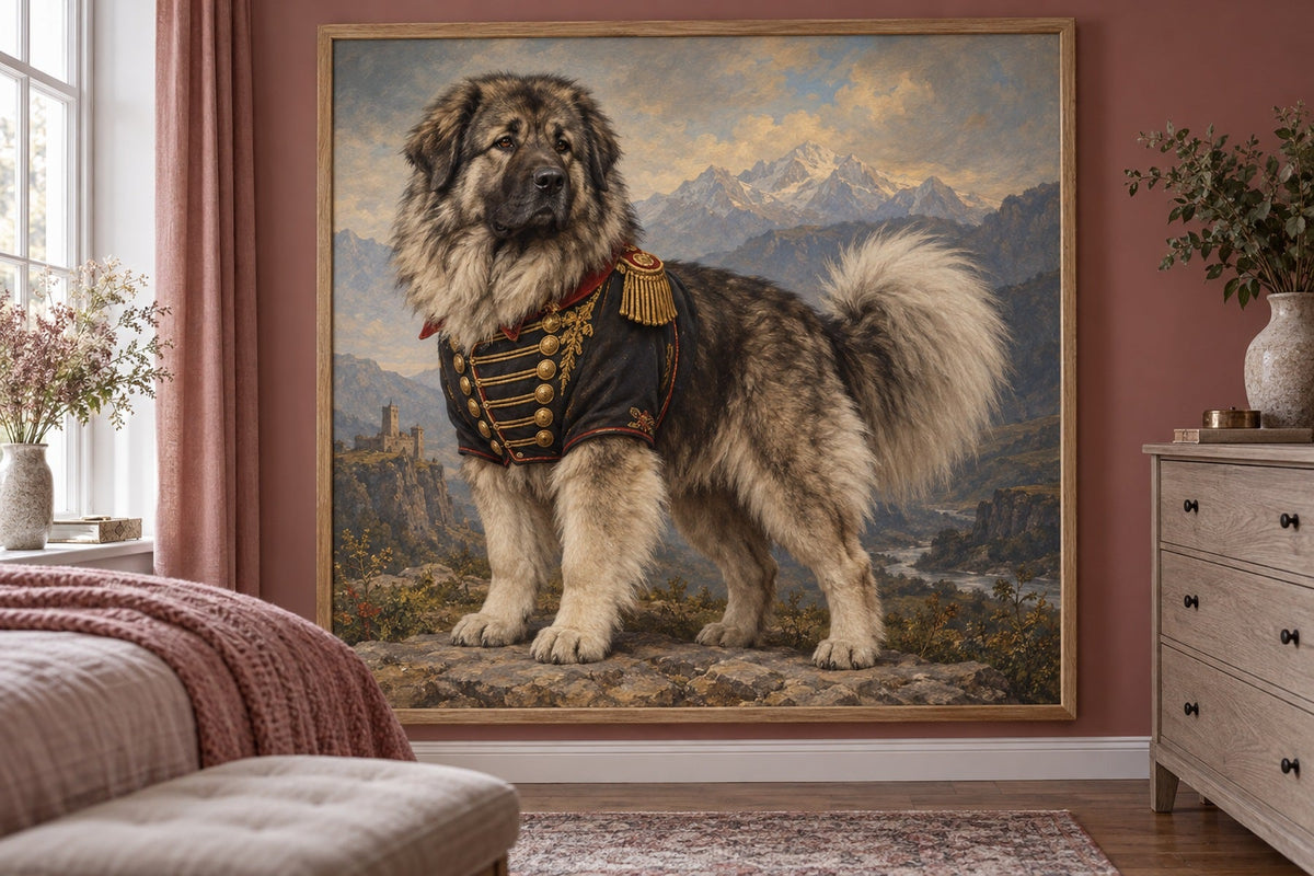 Kaukasischer Schäferhund als Wandbild im Stil Royal mit kurzer Uniform, Raum: altrosafarbenes Schlafzimmer