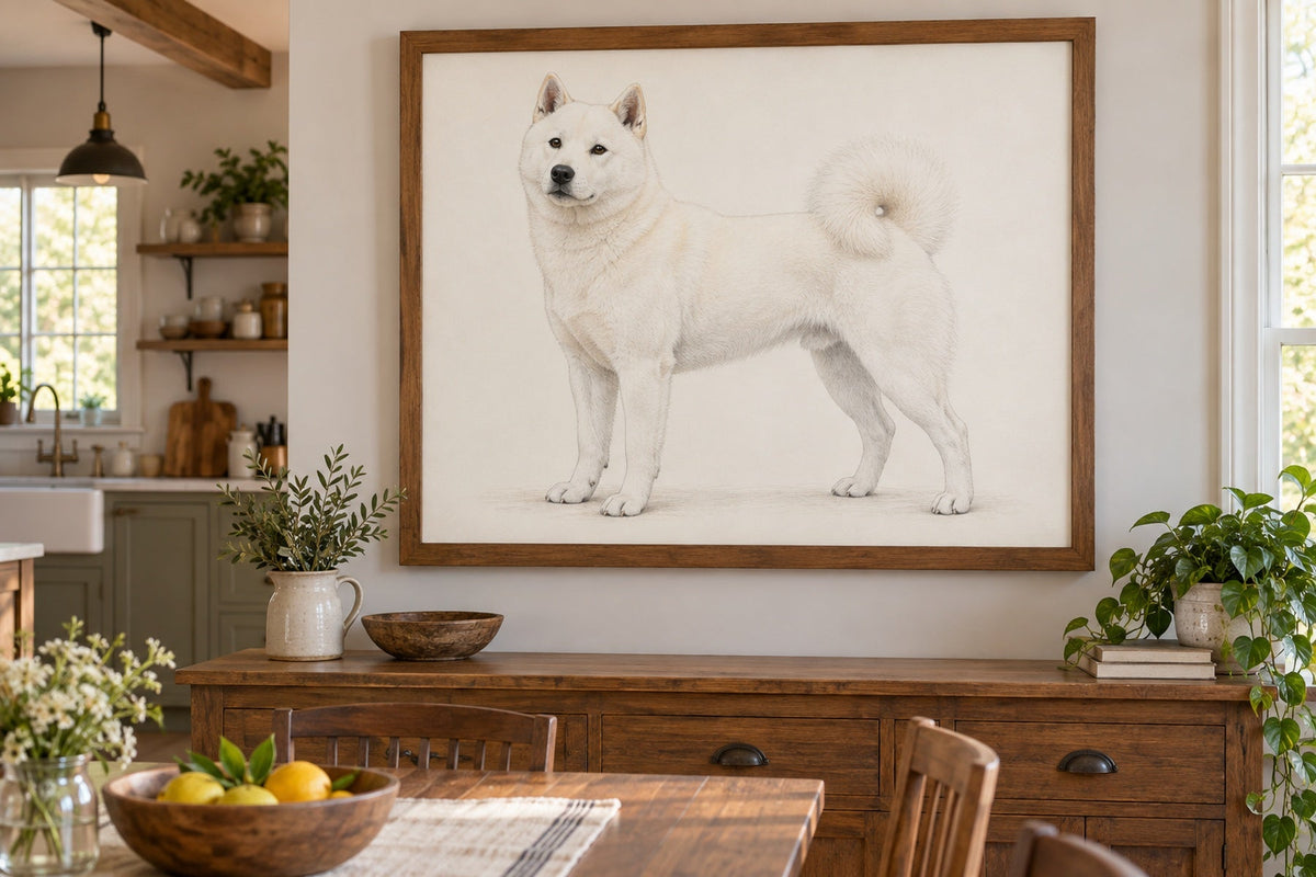 Kishu als Wandbild im Stil Minimal, feine Farbzeichnung, Raum: helle Landhausküche