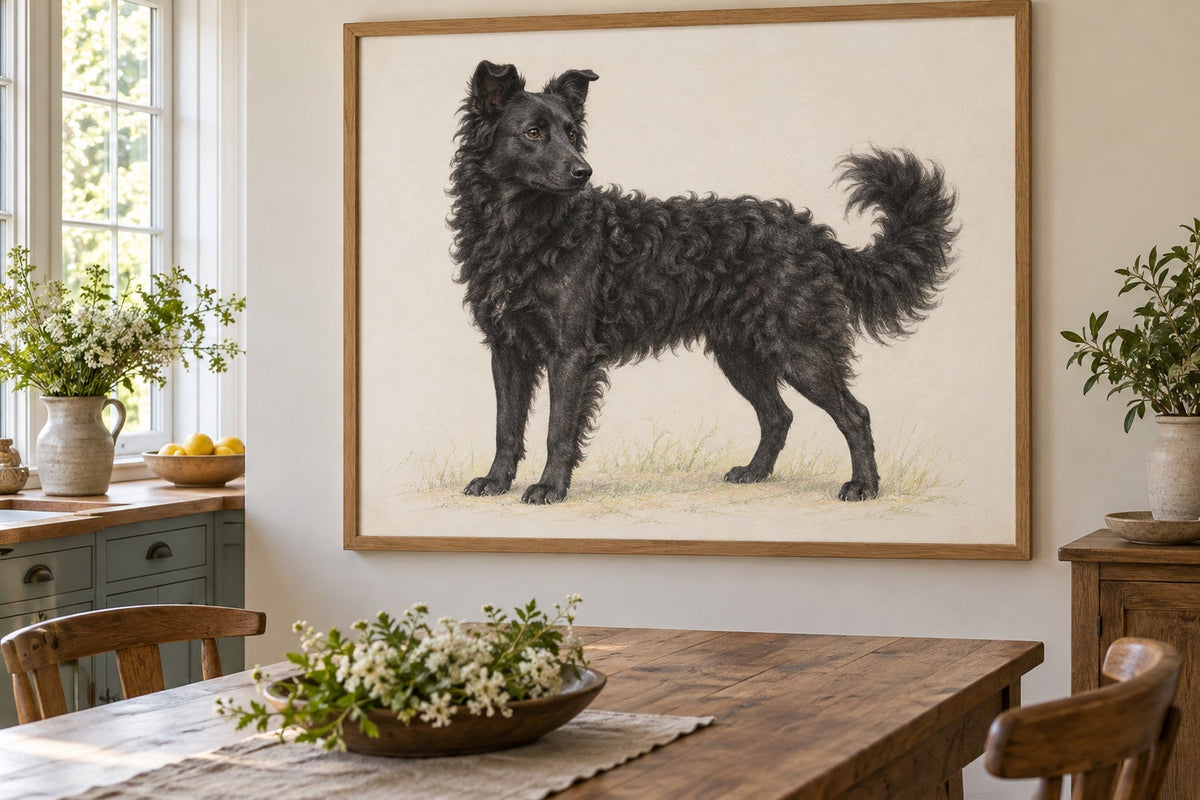 Kroatischer Schäferhund als Wandbild im Stil Minimal, feine Farbzeichnung, Raum: helle Landhausküche