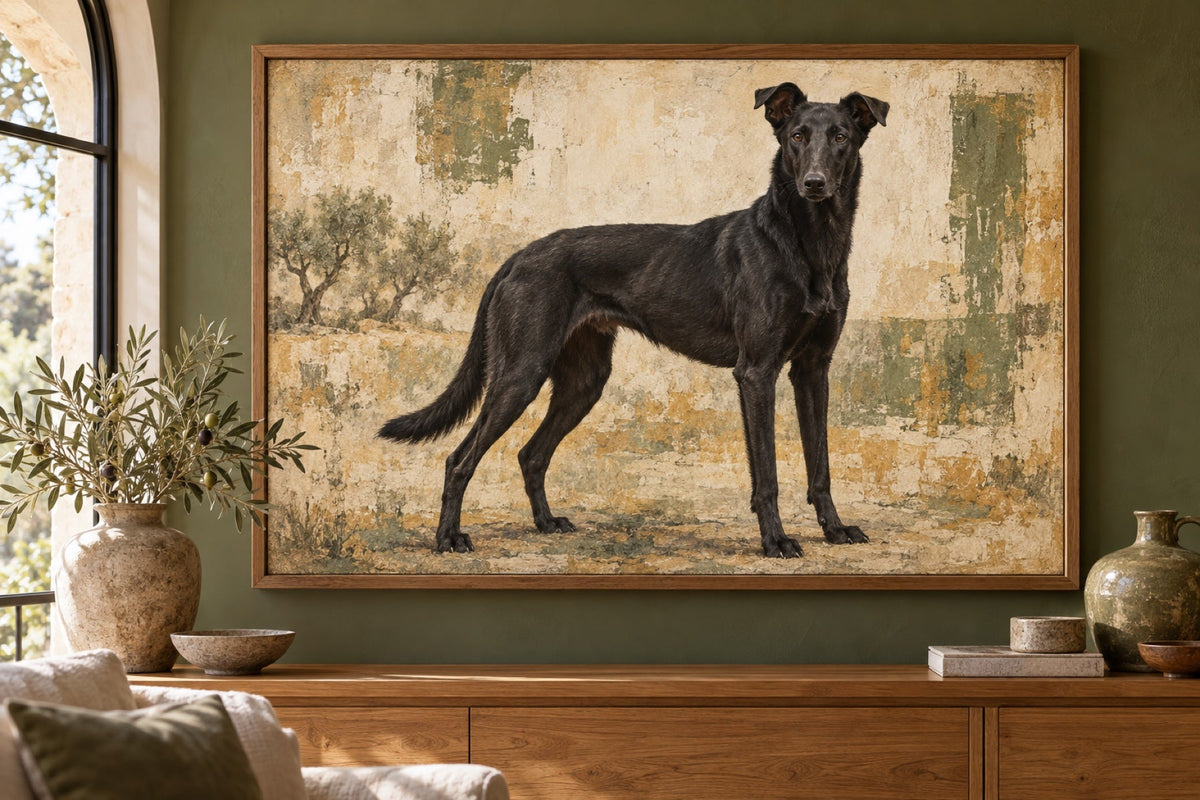 Mallorca-Schäferhund als Wandbild im Stil Ölgemälde, Raum: olivgrünes Wohnzimmer
