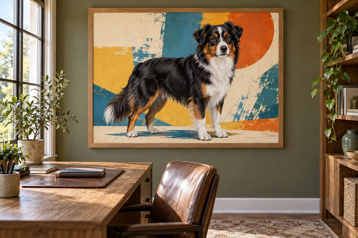 Miniature American Shepherd als Wandbild im Stil Pop-Art, Raum: salbeifarbenes Arbeitszimmer